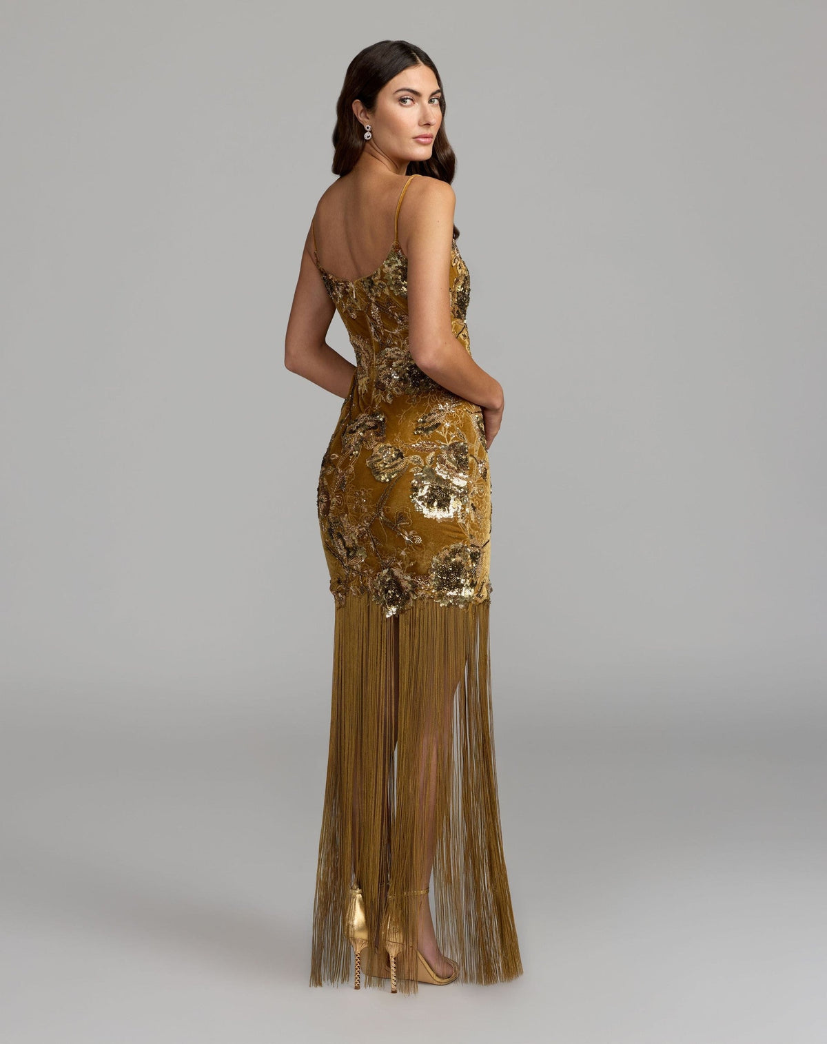Gold Embellished Velvet Fringe Maxi Dress