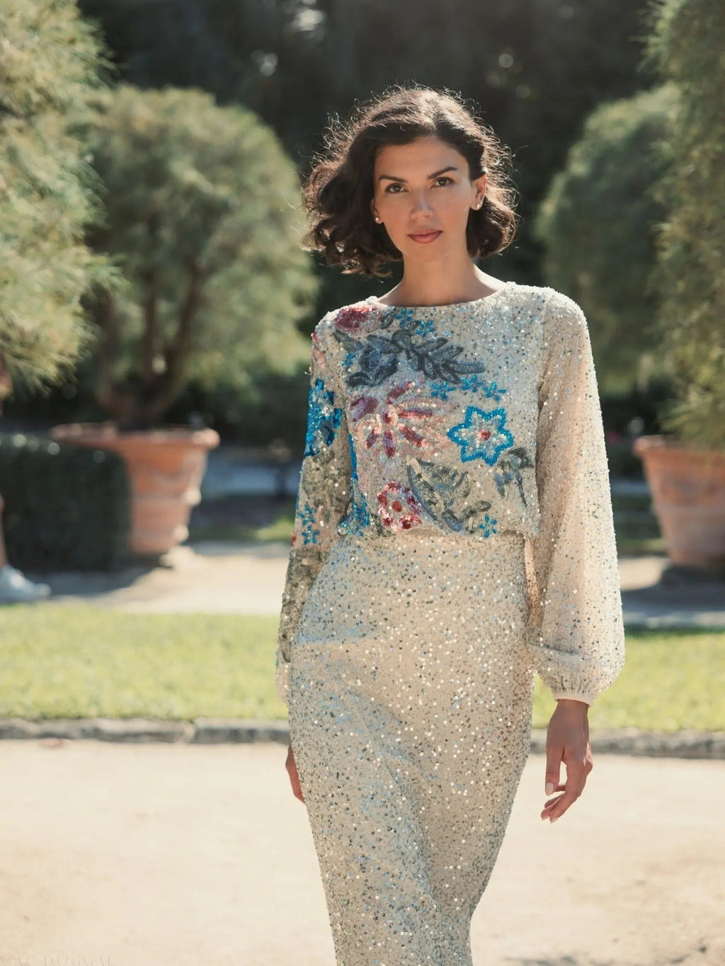 Beige High Neck Long Sleeve Sequin Evening Gown