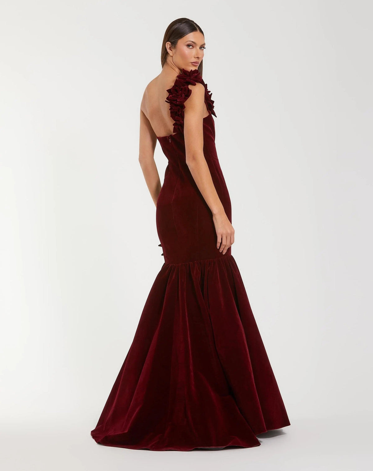 Dark Red Velvet One Shoulder Trumpet Gown With Flowers