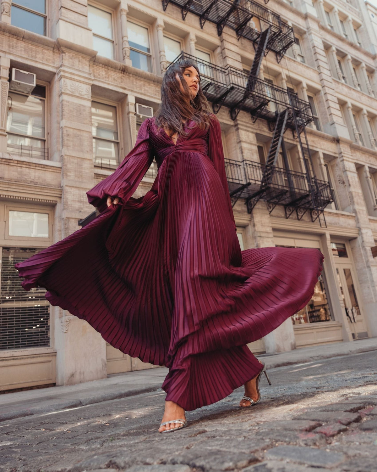 Wine Pleated Satin Long Sleeve Gown