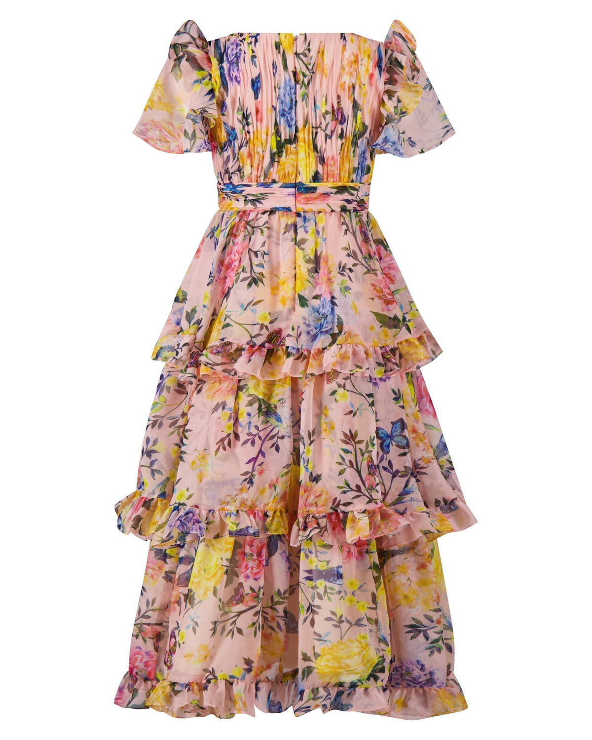Girls Pink Multi Floral Chiffon Tiered Ruffle Dress