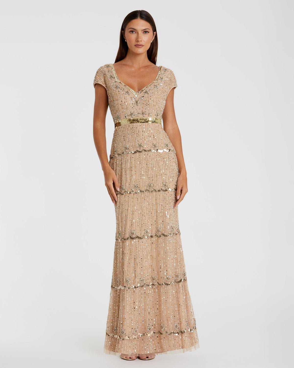 Petite Nude Sequin Cap Sleeve Sweetheart Column Gown
