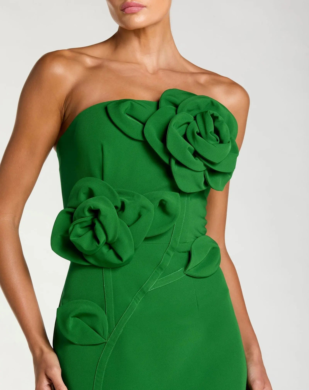 Spring Green Strapless Crepe Dress With 3D Flower Detail