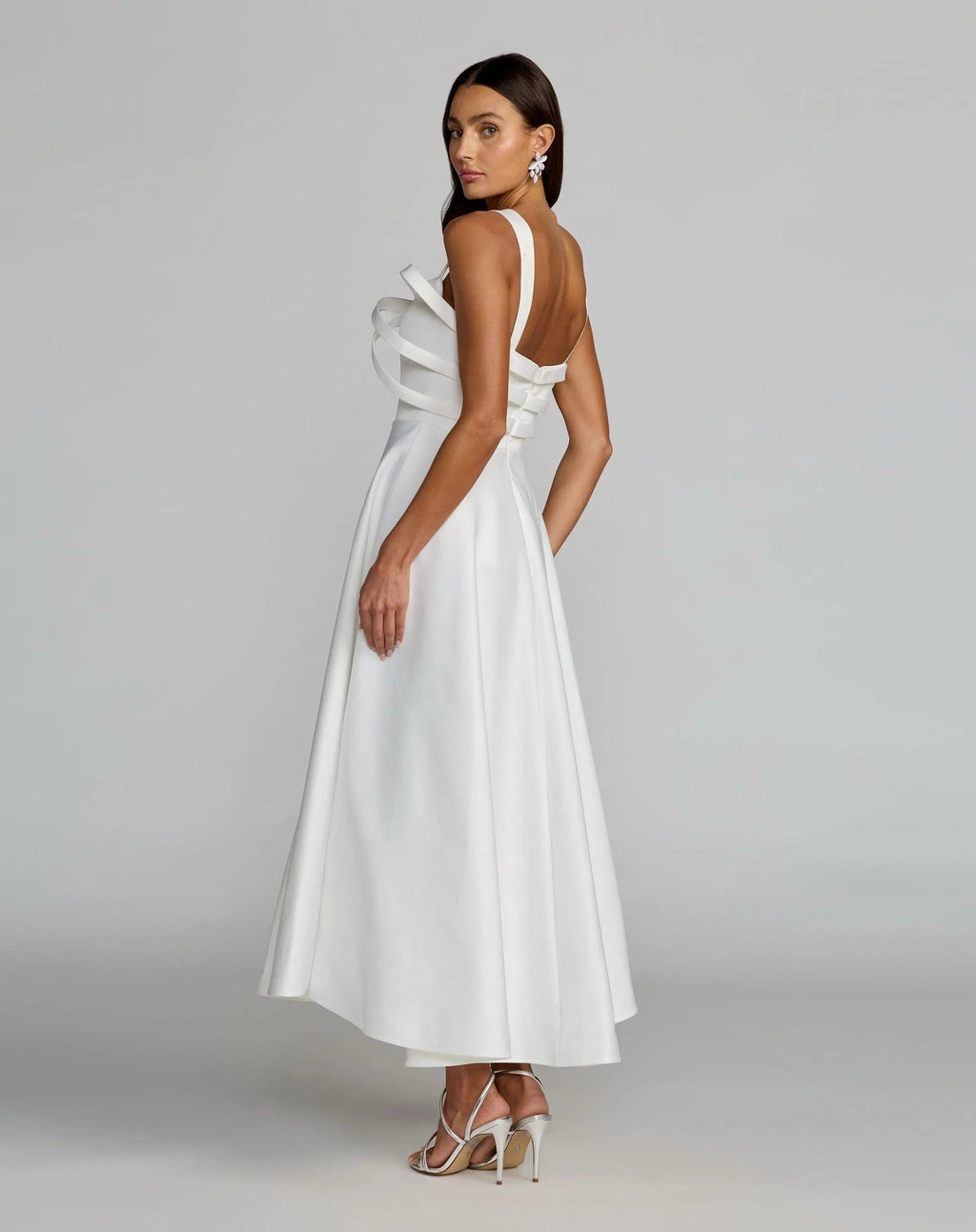 White Satin Bow Bodice Midi Dress
