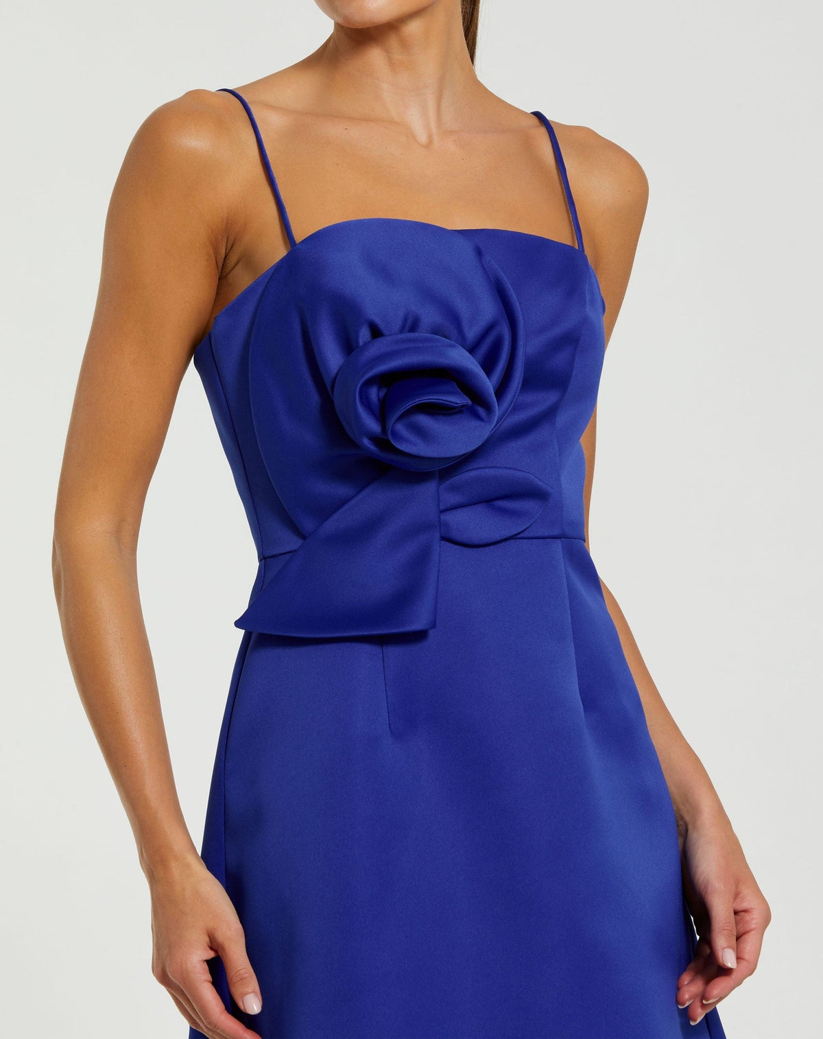 Cobalt Satin A-Line Mini Dress With 3D Rose Detail