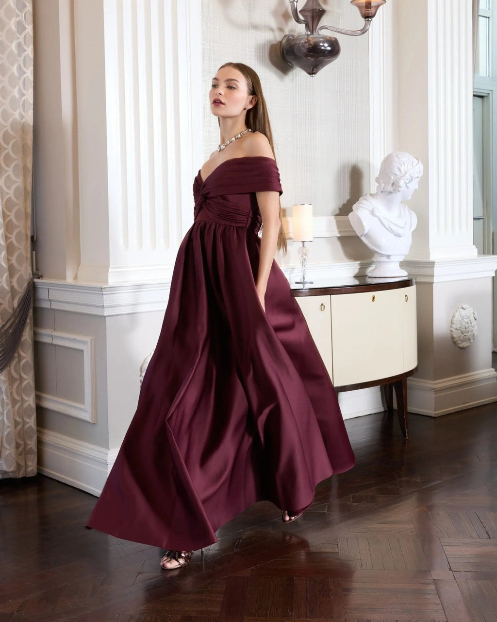 Wine Off The Shoulder Satin A-Line Gown