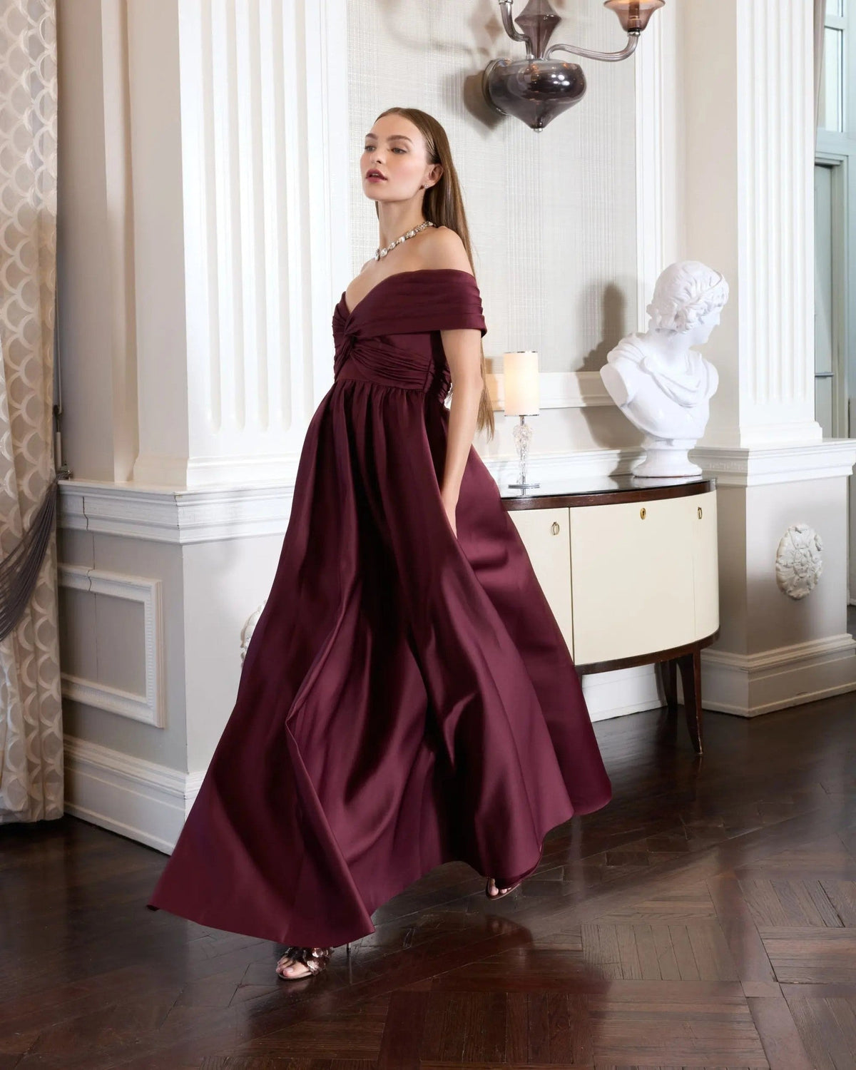 Wine Off The Shoulder Satin A-Line Gown