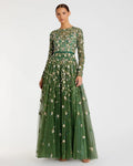 Sage Embellished High Neck Long Sleeve A Line Gown