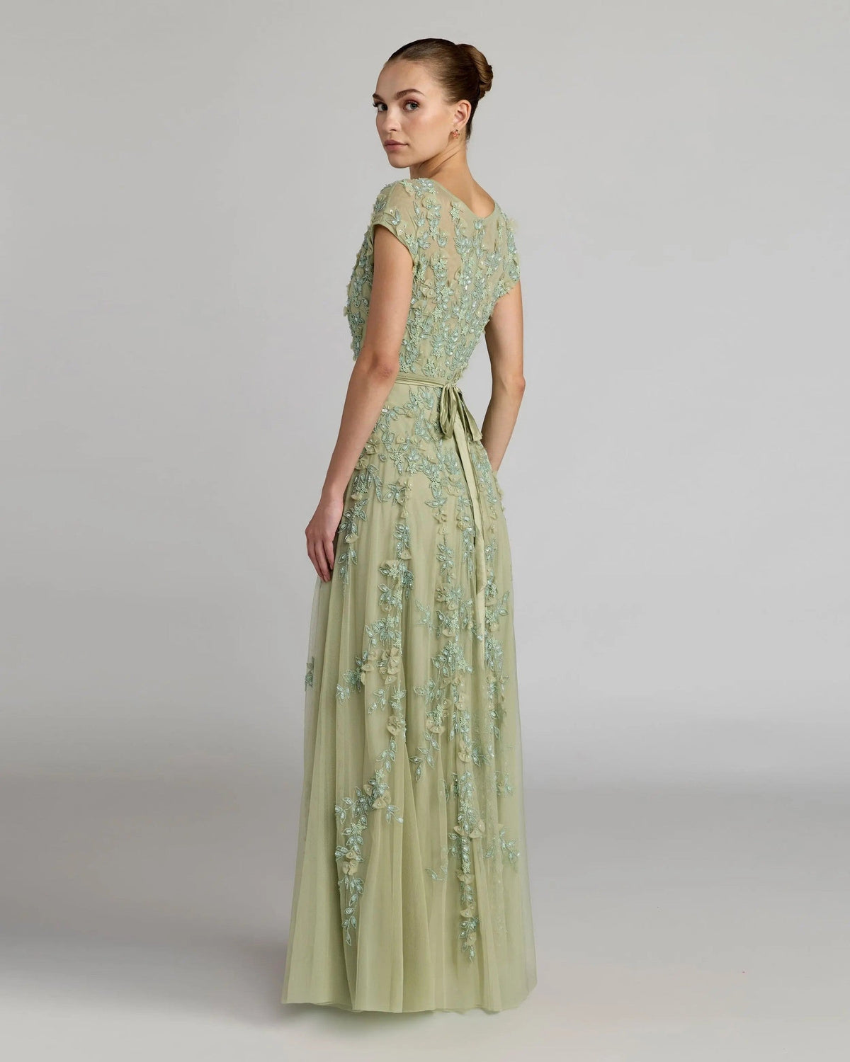 Sage Floral Embellished Cap Sleeve Gown