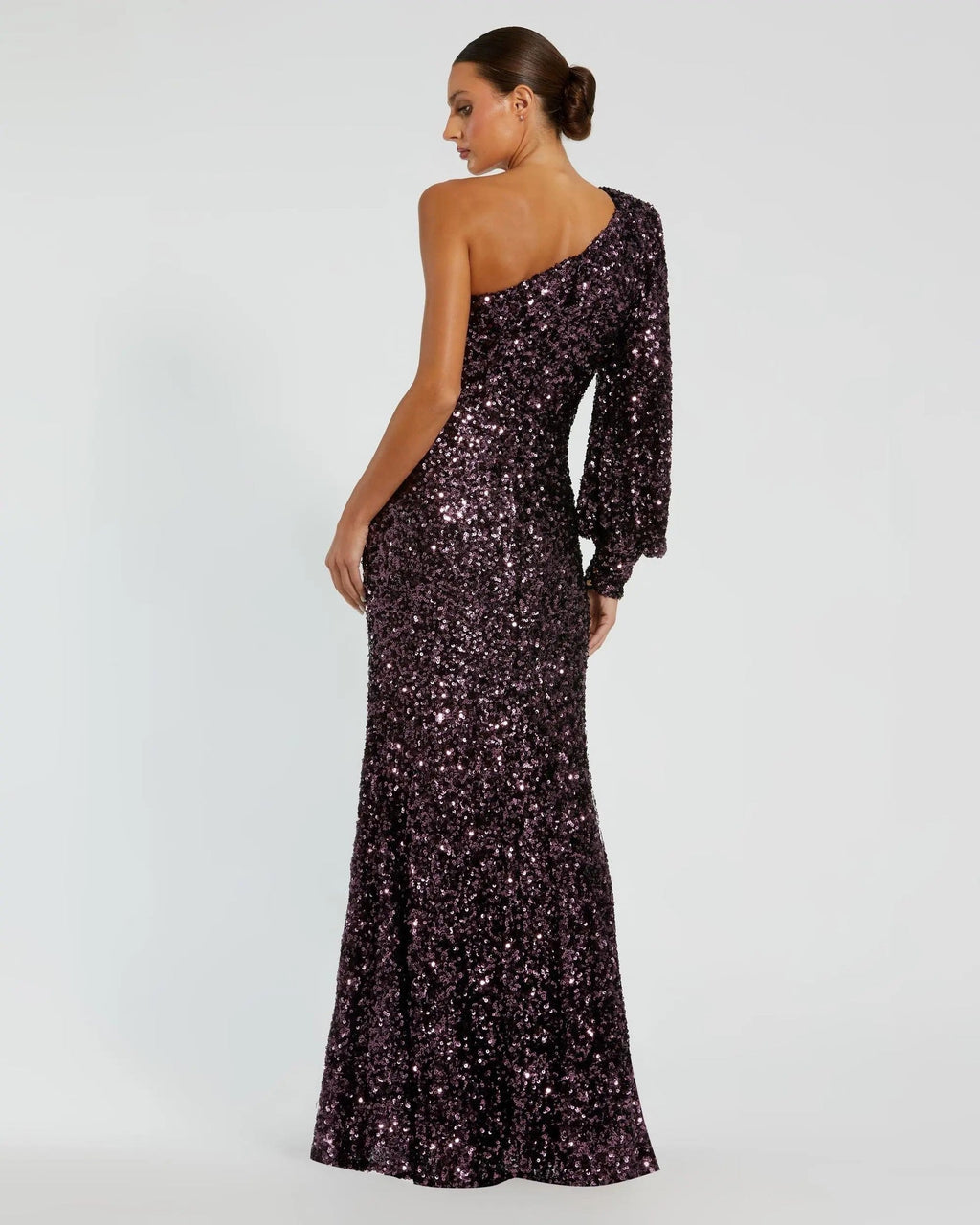 Aubergine Sequined One Shoulder Bishop Sleeve Trumpet Gown