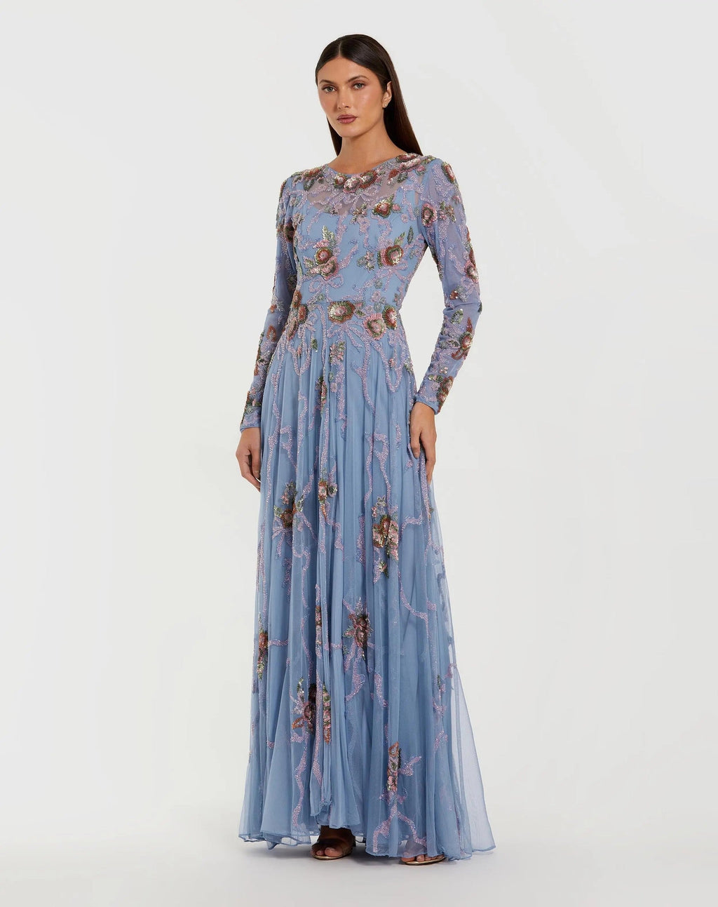 Blue Floral Bow Beaded Long Sleeve Gown
