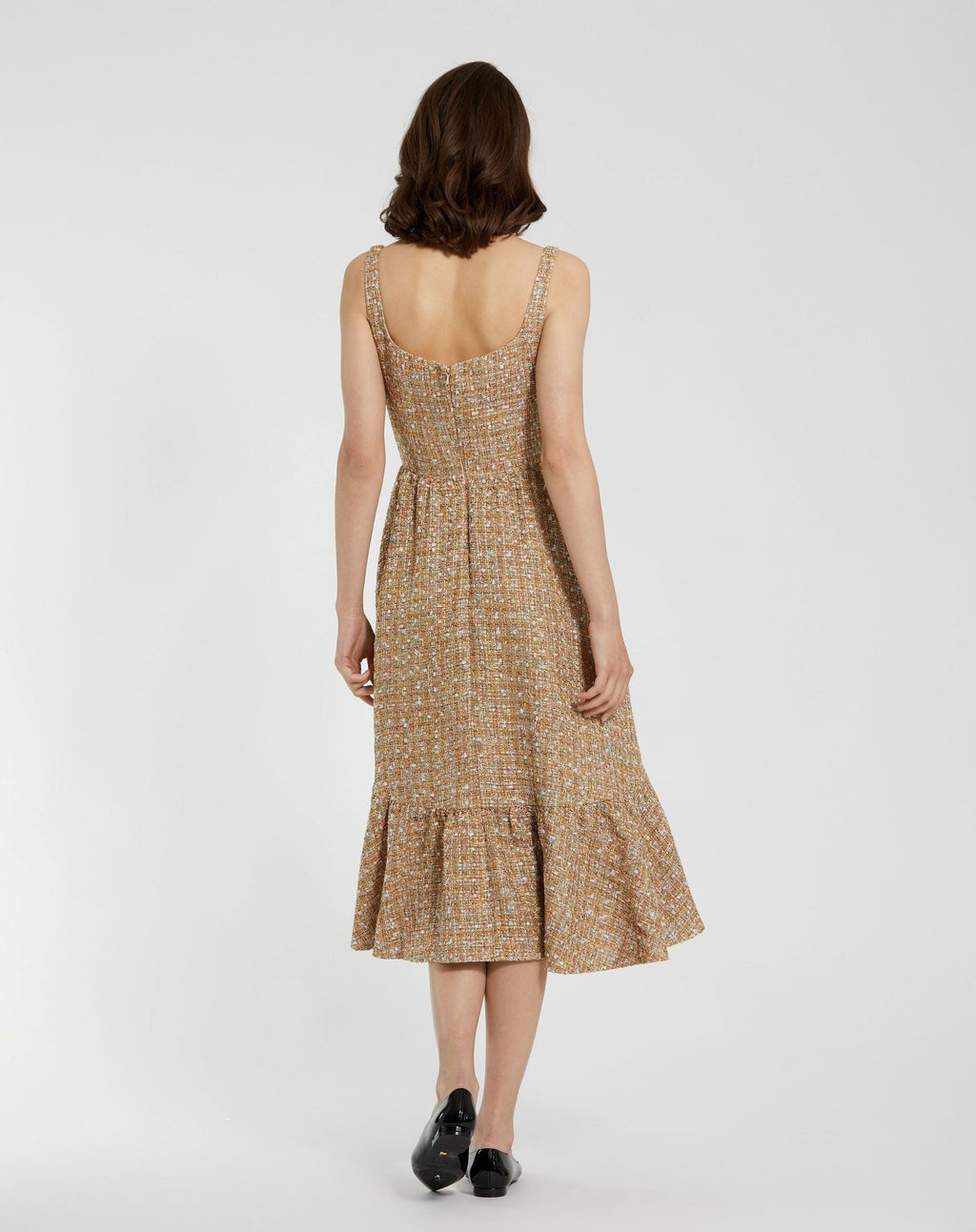 Beige Boucle Sleeveless A-Line Midi Dress