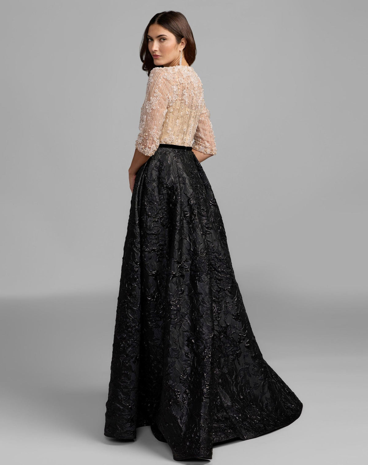 Beige and Black Embellished Brocade Gown With 3/4 Sleeves