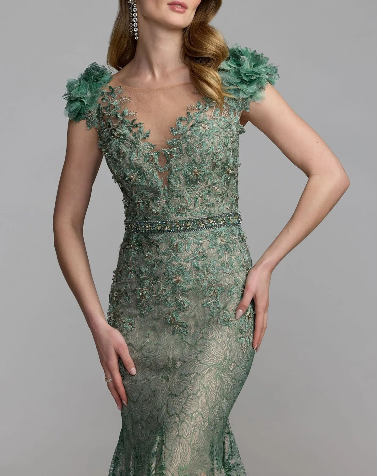 Sage Embellished Lace Illusion Neck Gown With 3D Flowers