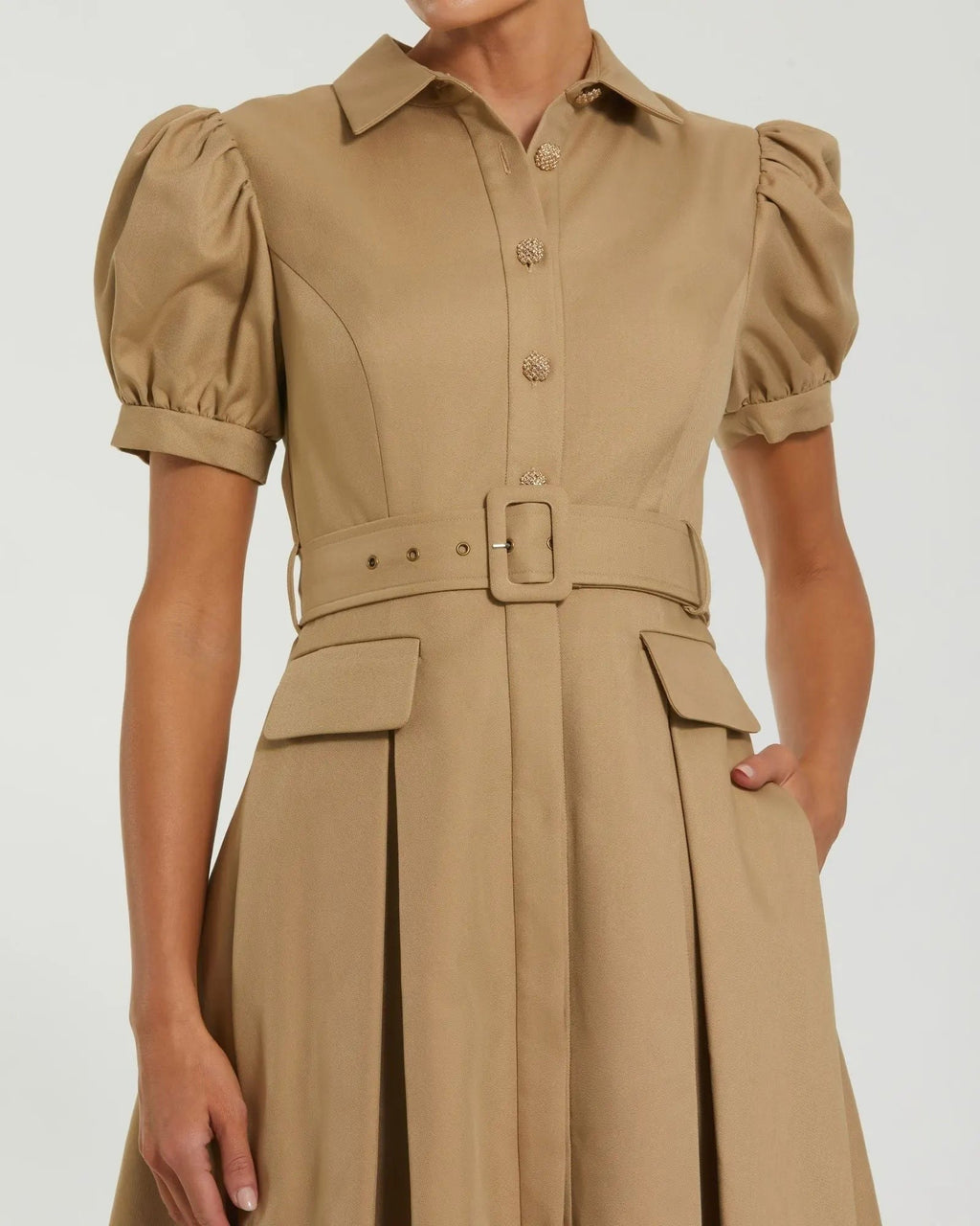 Taupe Puff Sleeve Belted Midi Shirt Dress