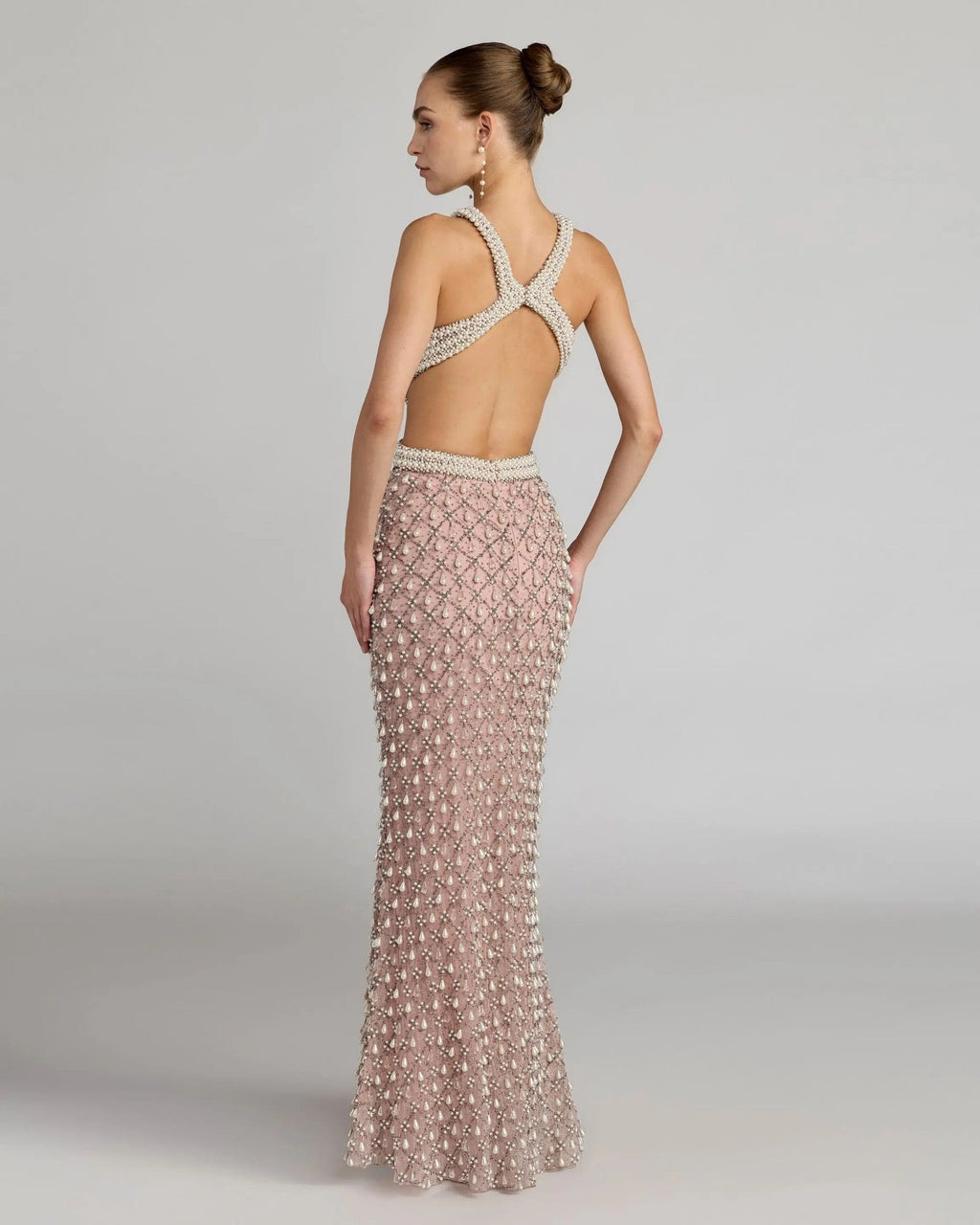 Light Rose Pearl Embellished Open Back Gown