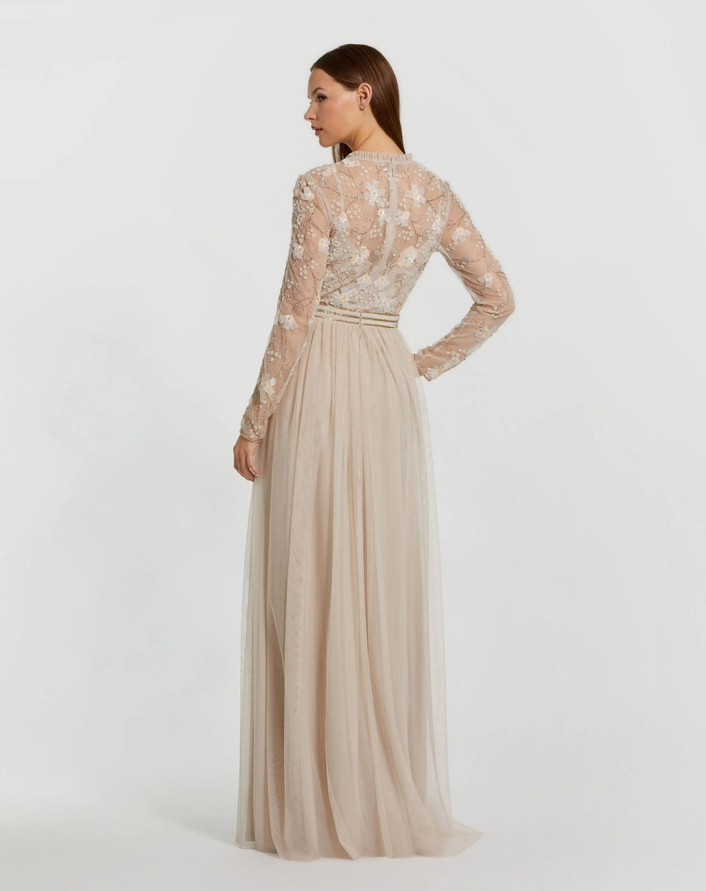 Vanilla Embellished Illusion High Neck Long Sleeve Gown