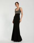 Black Sleeveless Scoop Neck Embellished Jersey Gown