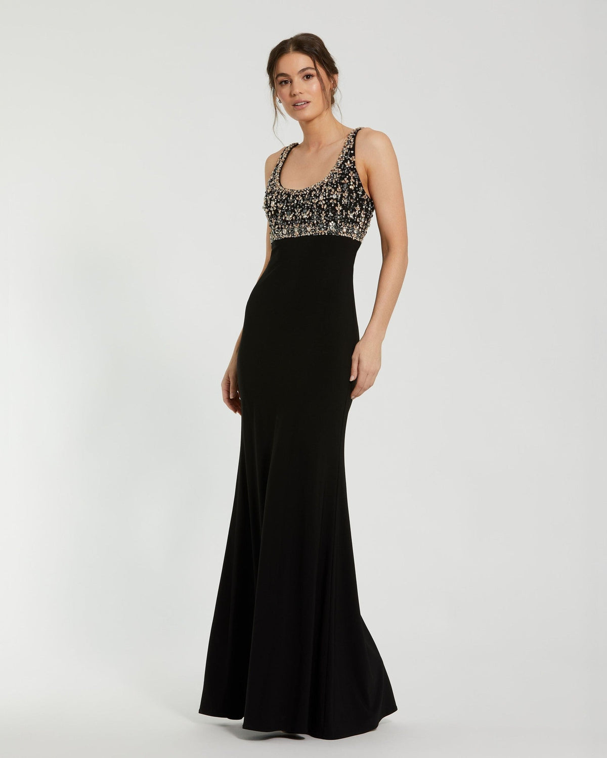 Black Sleeveless Scoop Neck Embellished Jersey Gown