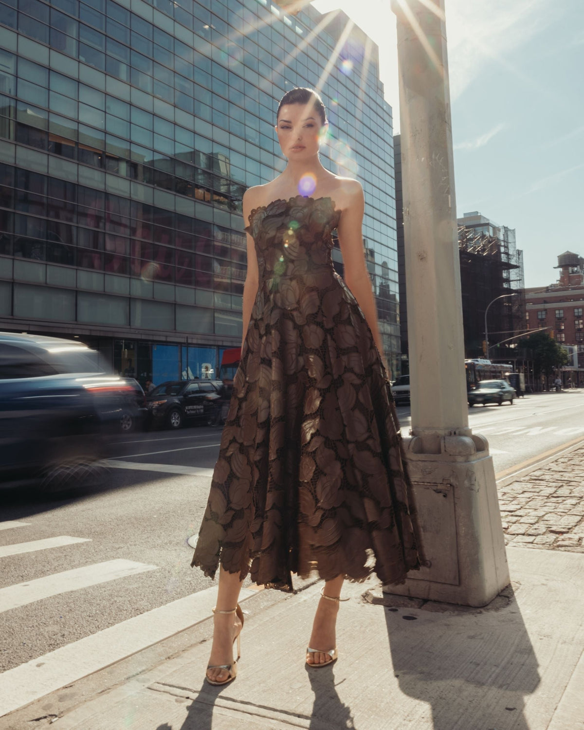 Chocolate Strapless Floral Leather A-Line Midi Dress
