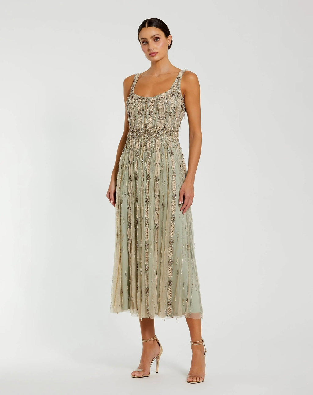 Petite Nude Sage Sleeveless Scoop Neck Embellished Midi Dress