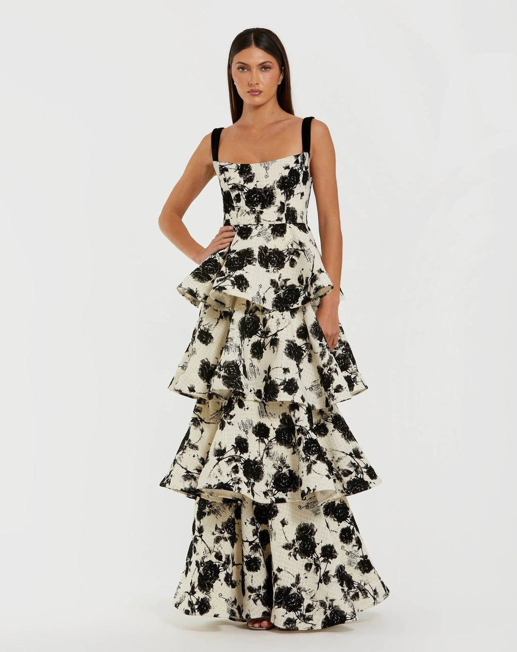 Black Ivory Floral Boucle Tiered Ruffle Gown