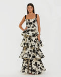 Black Ivory Floral Boucle Tiered Ruffle Gown