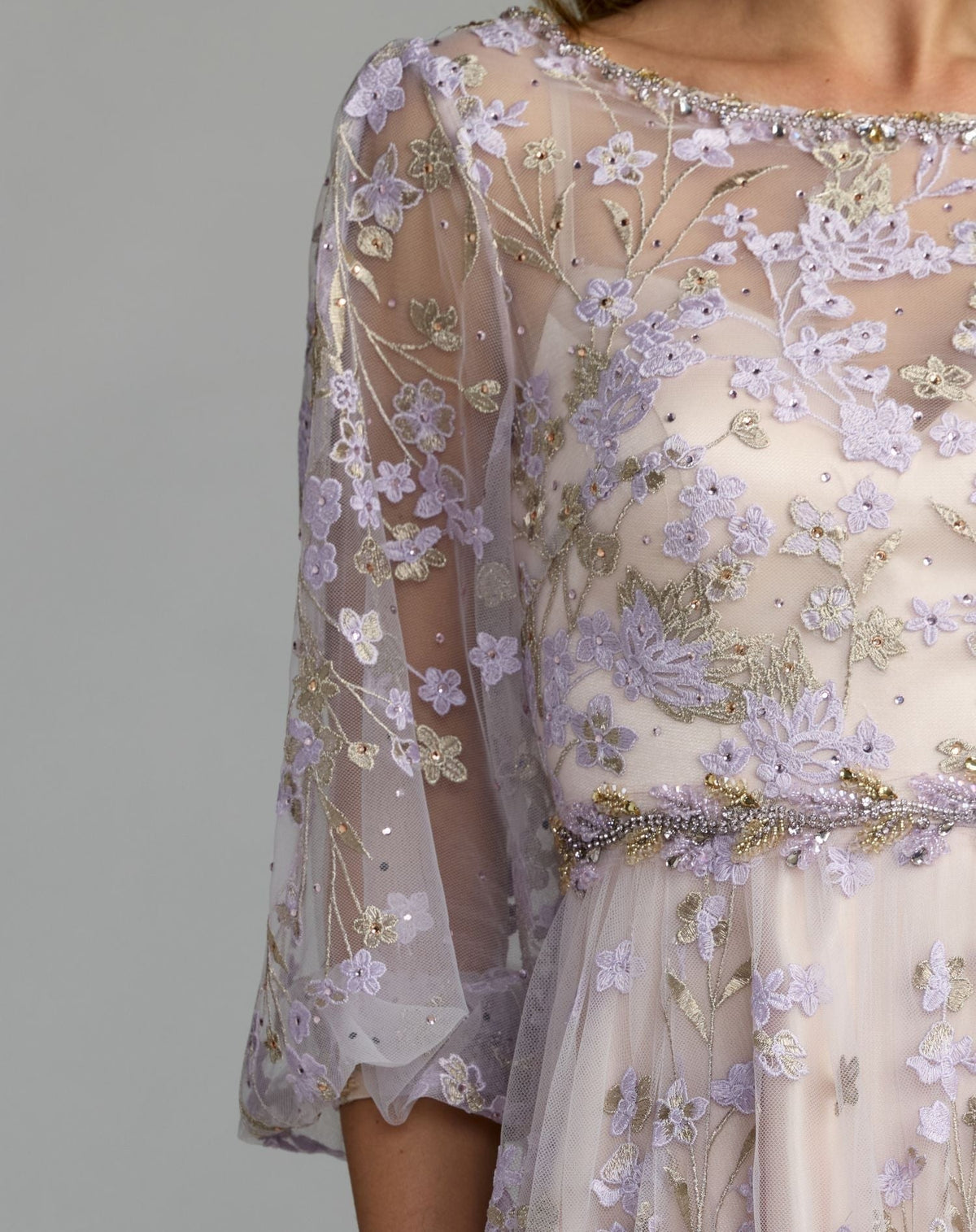 Purple Embroidered A-Line Gown With 3/4 Puff Sleeves