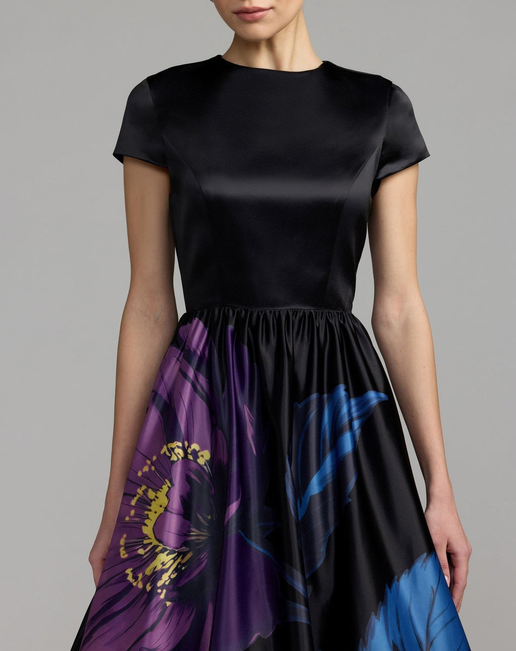 Black Satin Cap Sleeve Floral Printed A-Line Dress