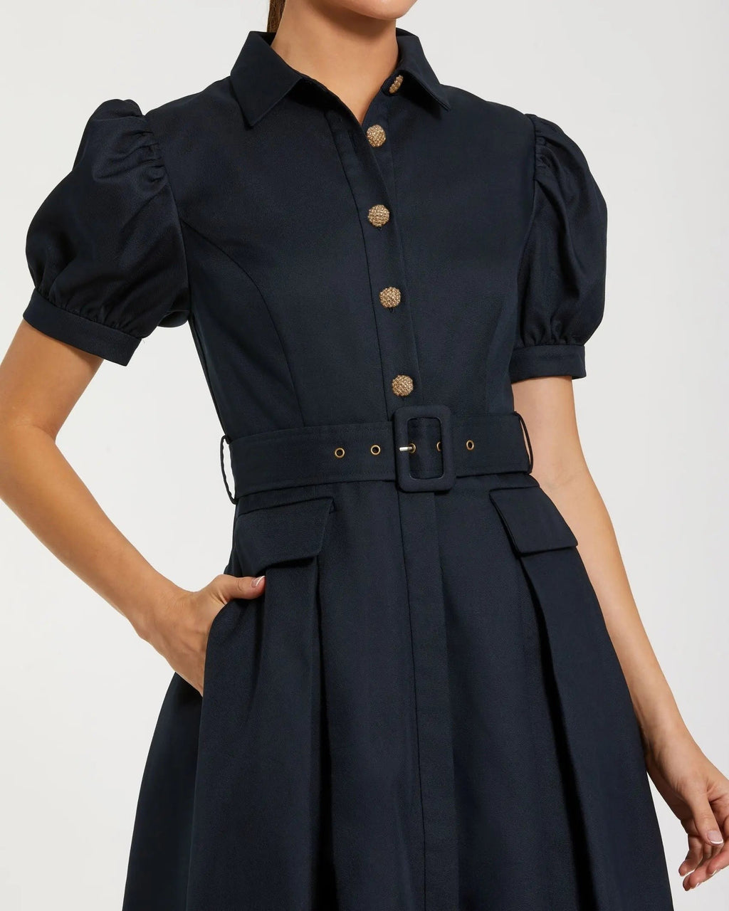 Midnight Puff Sleeve Belted Midi Shirt Dress