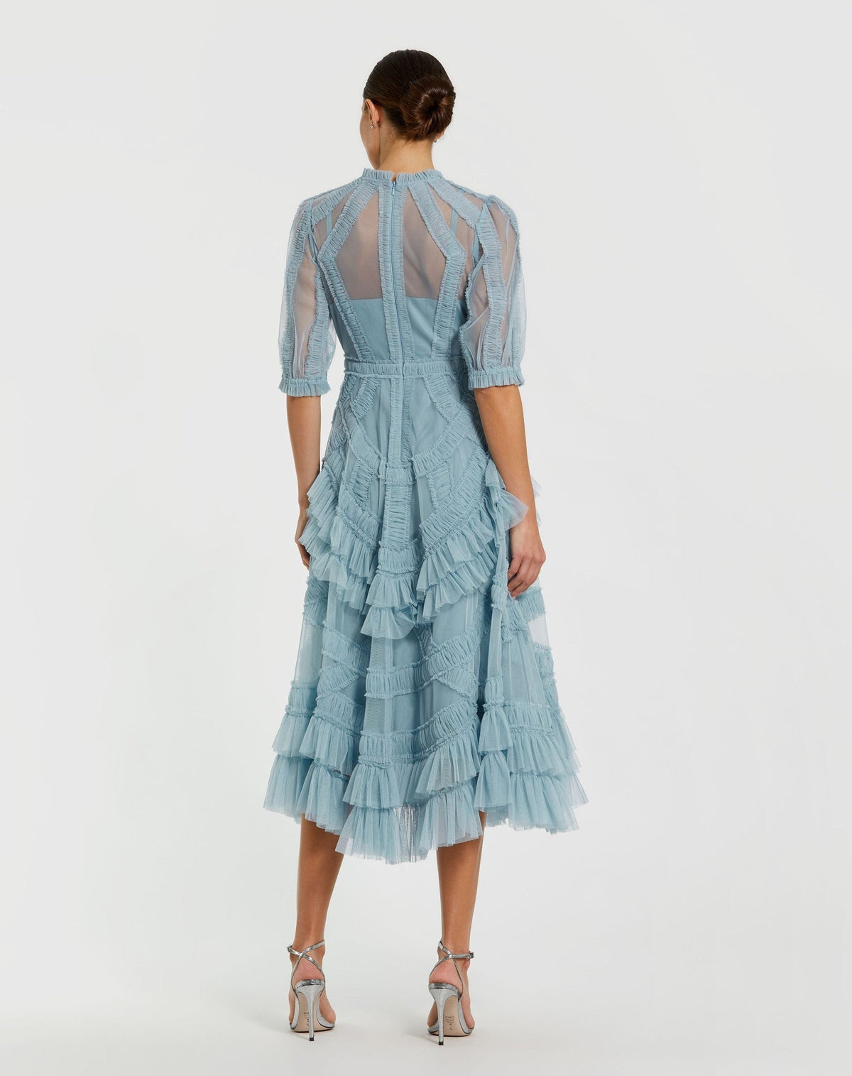 Petite Blue High Neck Ruffle Tiered A-Line Midi Dress