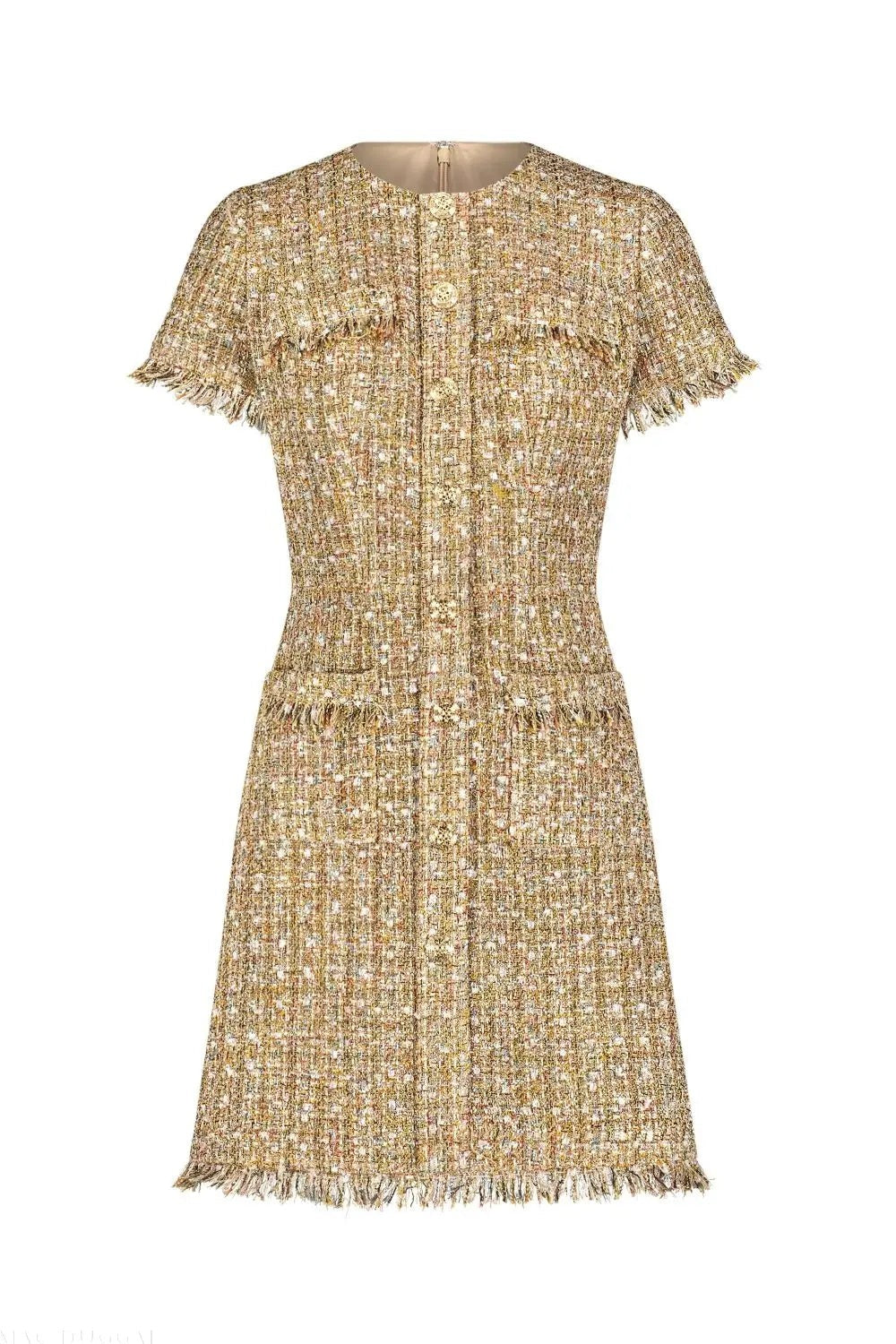 Beige Boucle Short Sleeve Mini Dress With Pockets