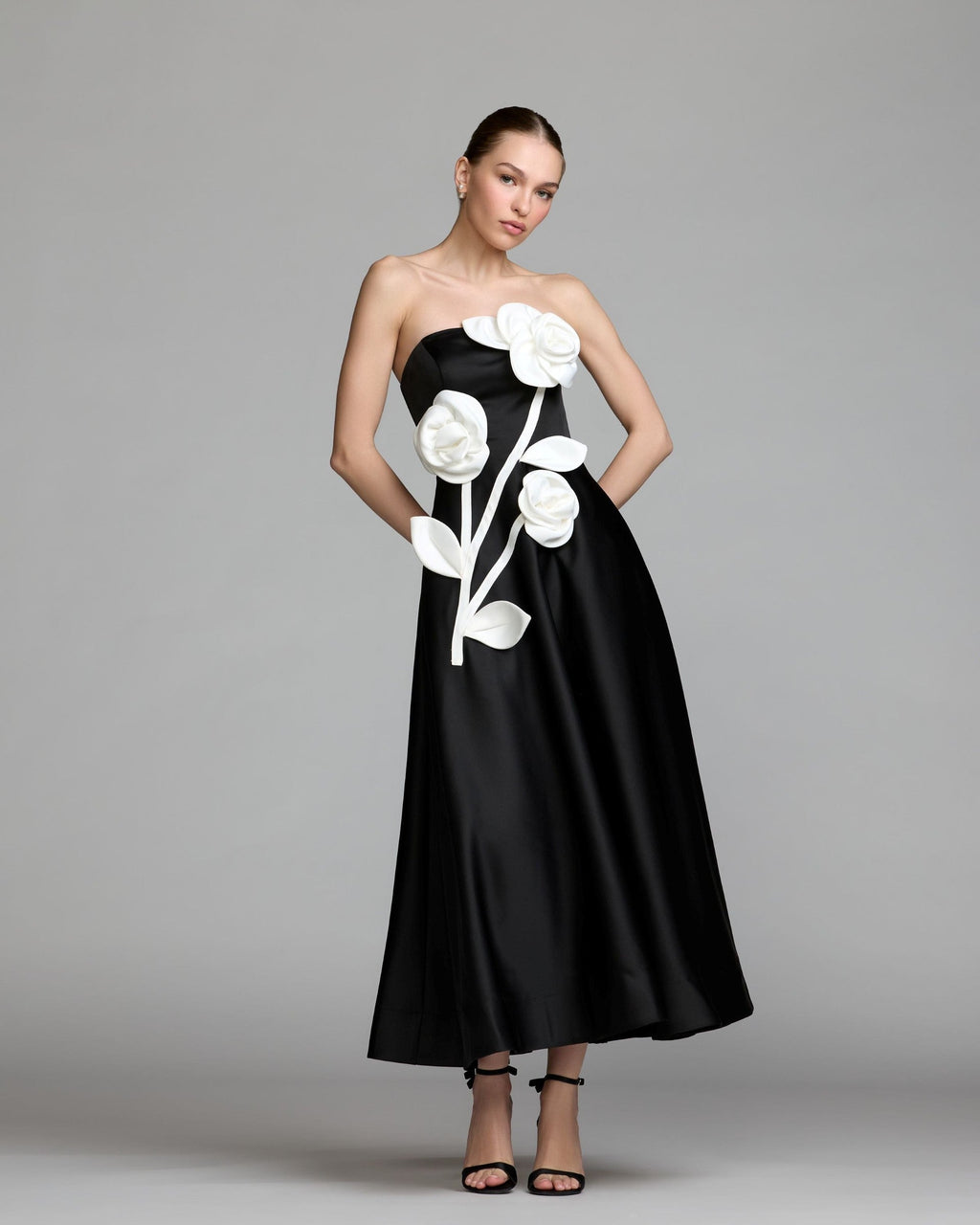 Black Ivory Strapless Satin A-Line Dress With 3D Flowers