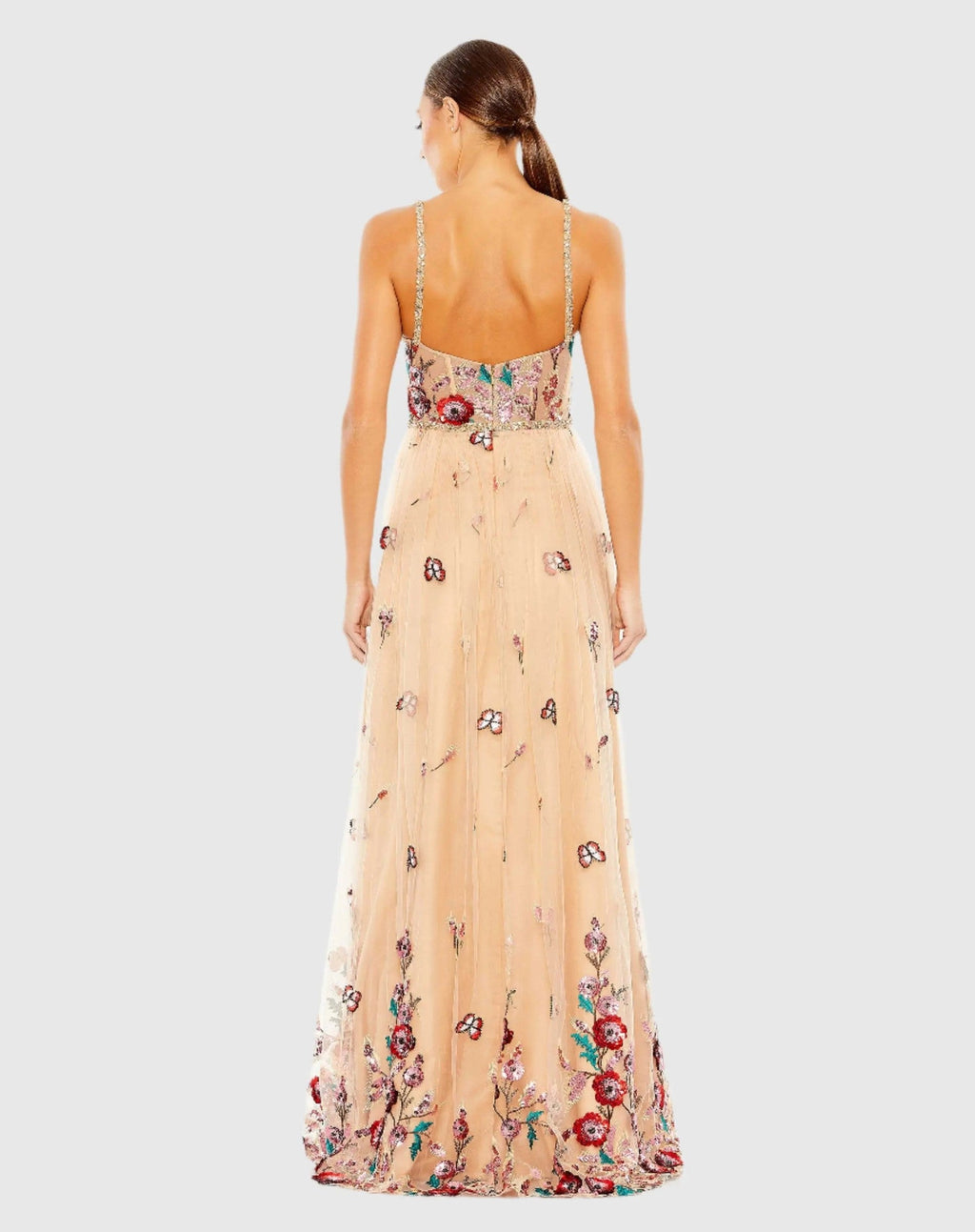 Nude Multi Embellished Floral Detail A Line Gown