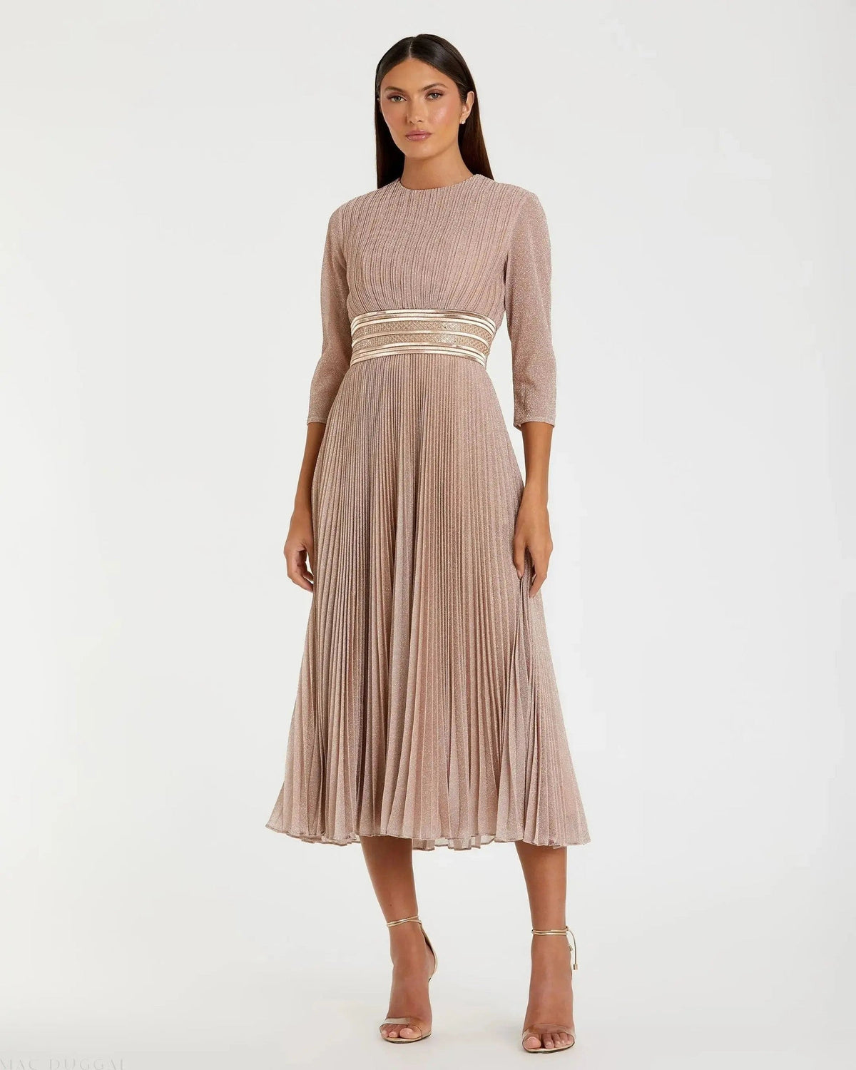 Rose Gold Shimmering 3/4 Sleeve A-Line Midi Dress