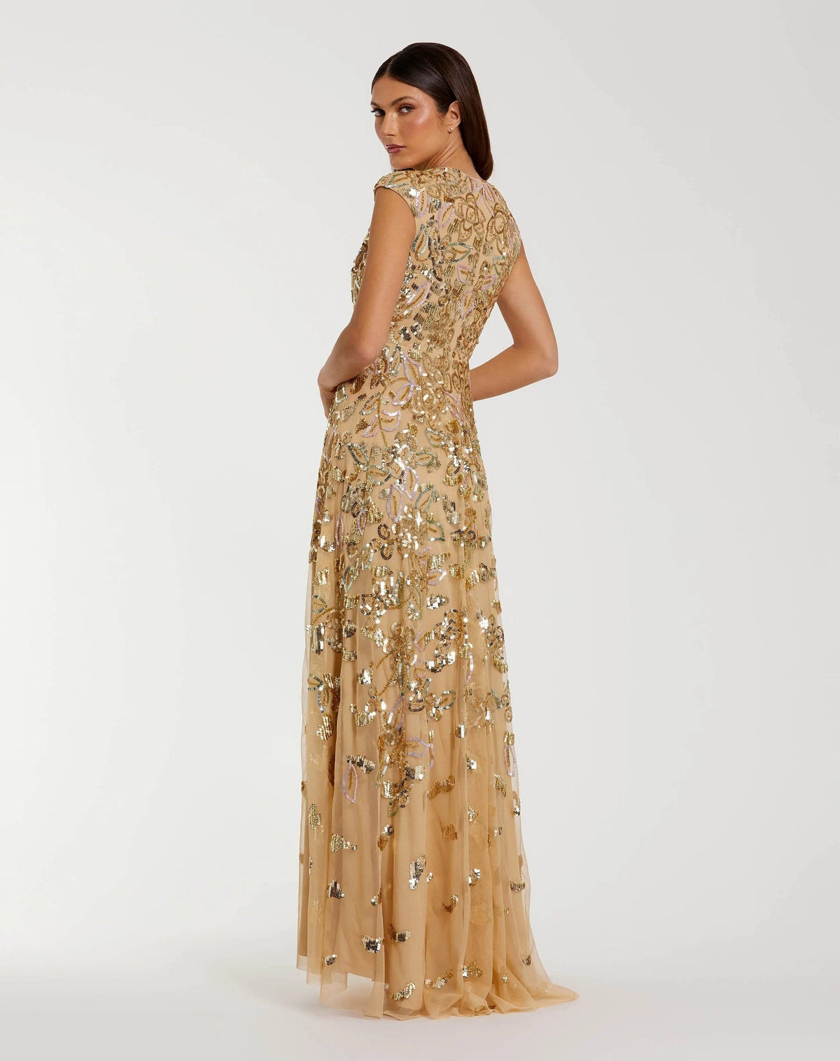 Gold Sequin High Neck Cap Sleeve A Line Gown