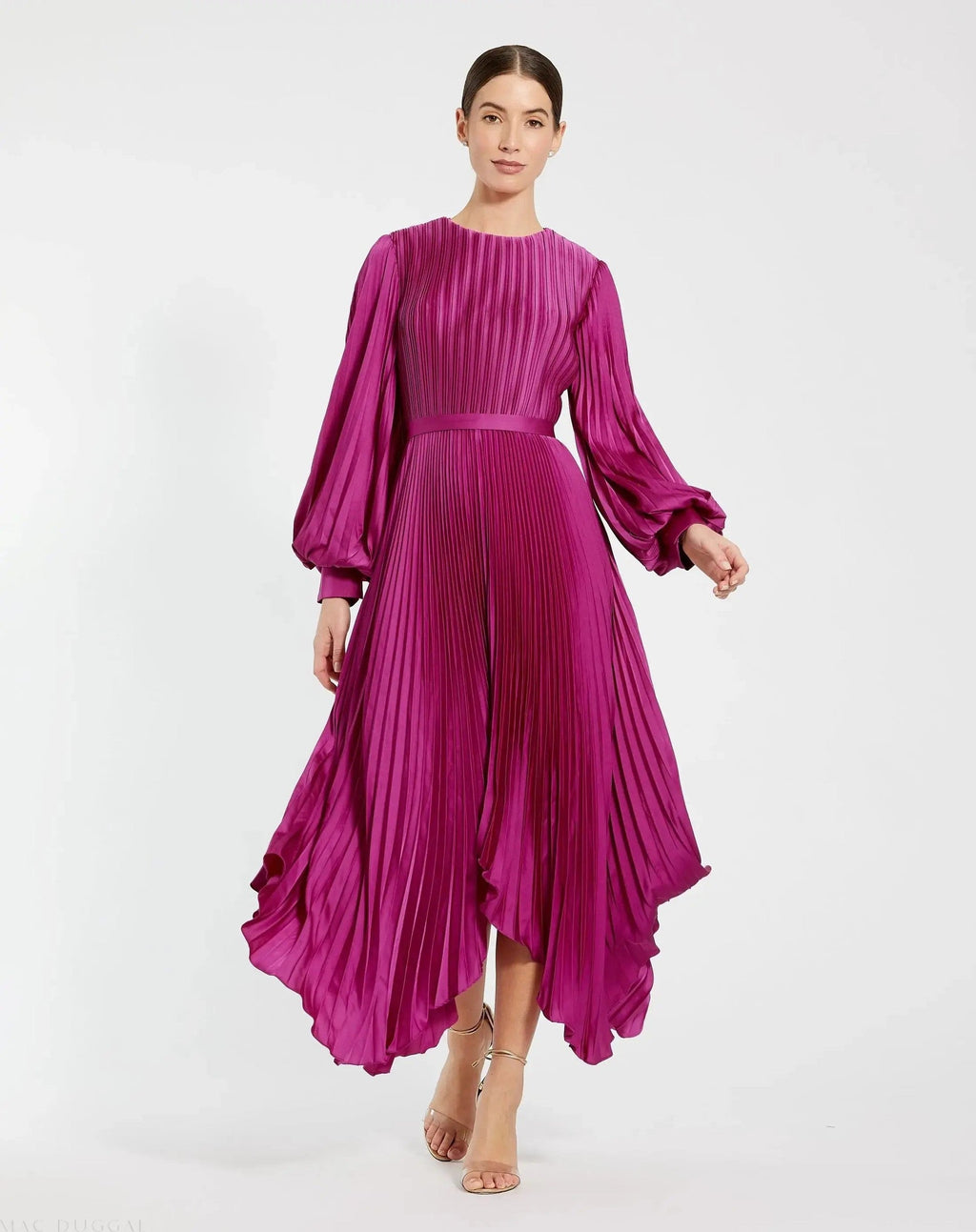 Fuchsia Long Sleeve Pleated Charmeuse Handkerchief Dress