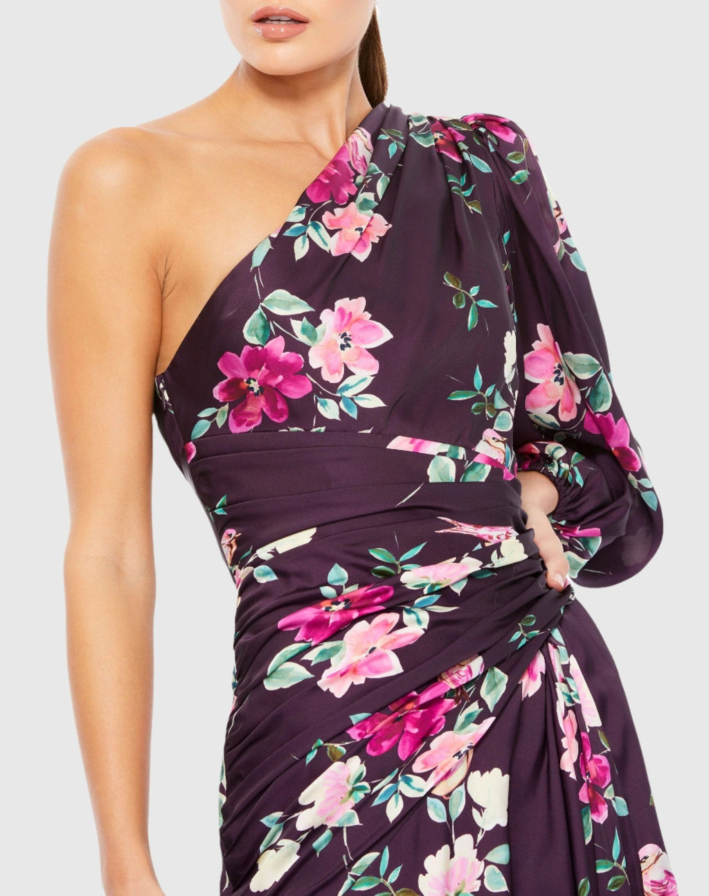 Purple Floral One Shoulder Charmeuse Gown With Slit