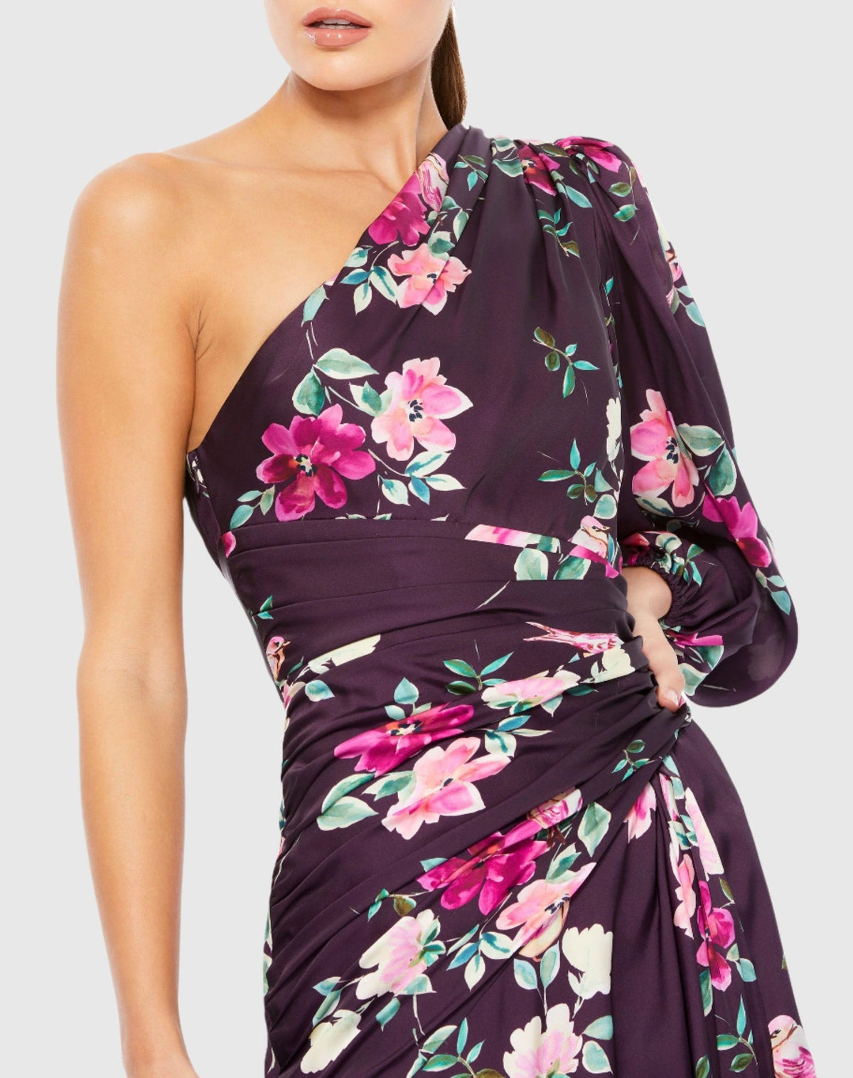 Purple Floral One Shoulder Charmeuse Gown With Slit