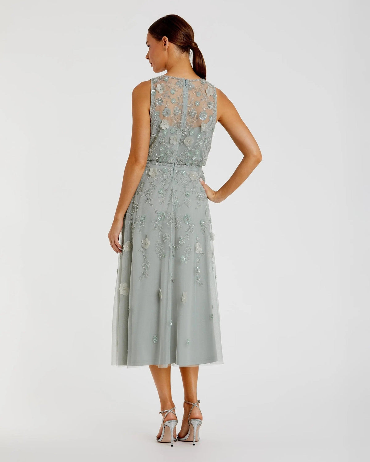 Sage Floral Embellished Sleeveless Midi Dress