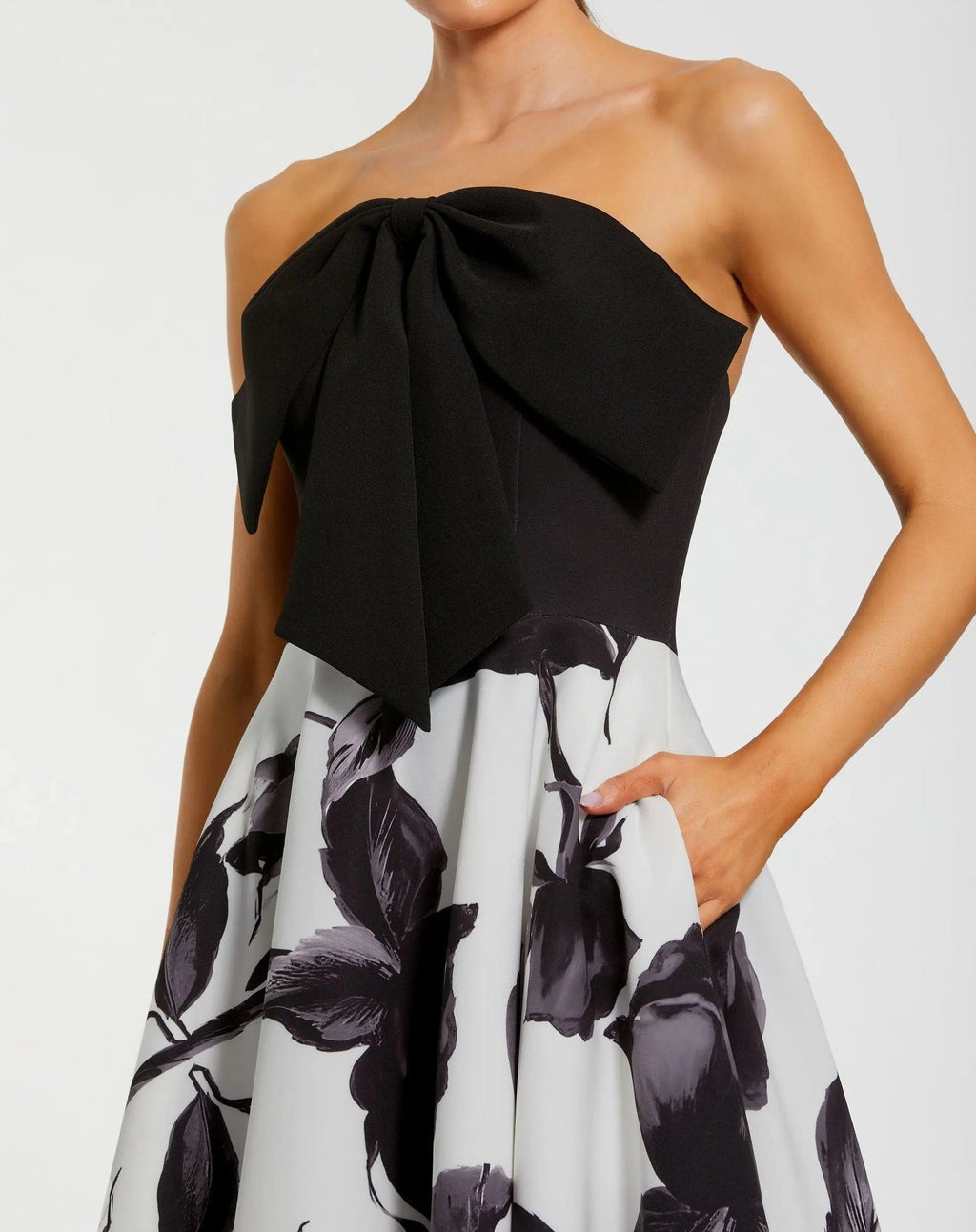 Black and Gray Floral Strapless Midi Dress With Bow