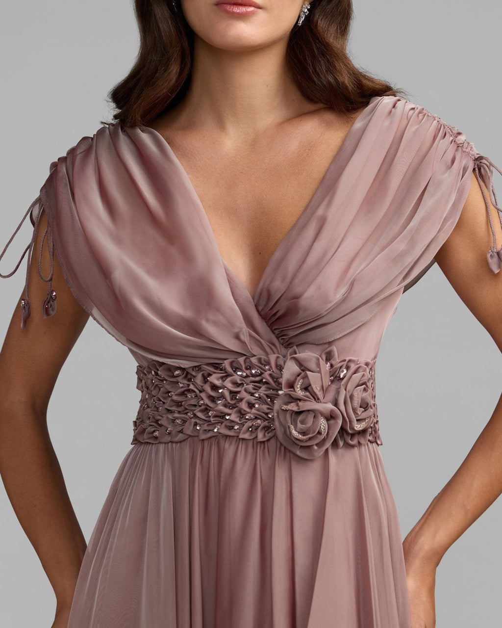 Mocha Crystal Floral Waist Chiffon Gown