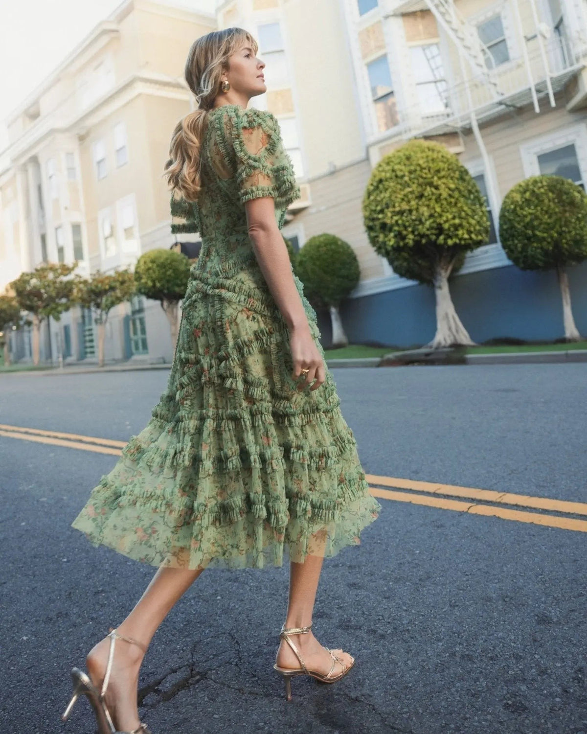 Sage Multi Floral Midi Dress with Ruffle Detailing