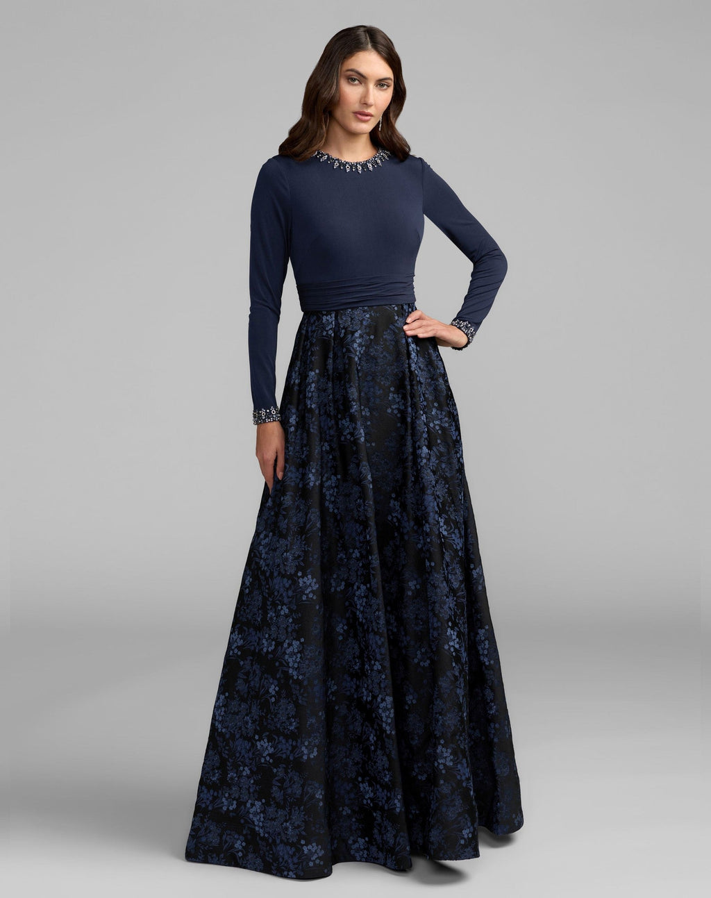 Petite Navy Floral Brocade A-Line Gown With Pockets