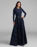 Petite Navy Floral Brocade A-Line Gown With Pockets