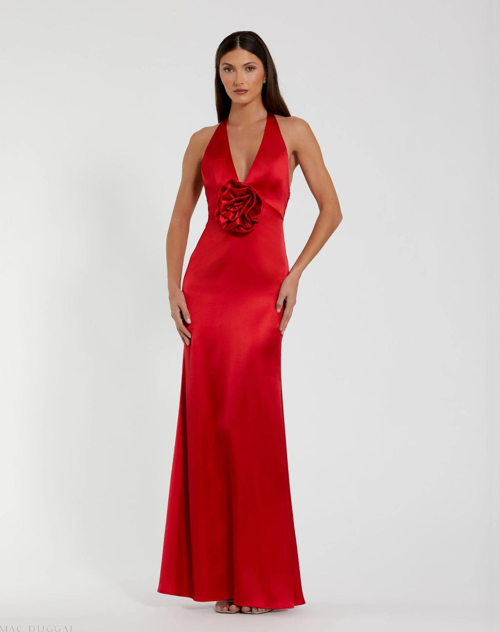 Red Fitted Satin Sleeveless Halter Gown With 3D Flower