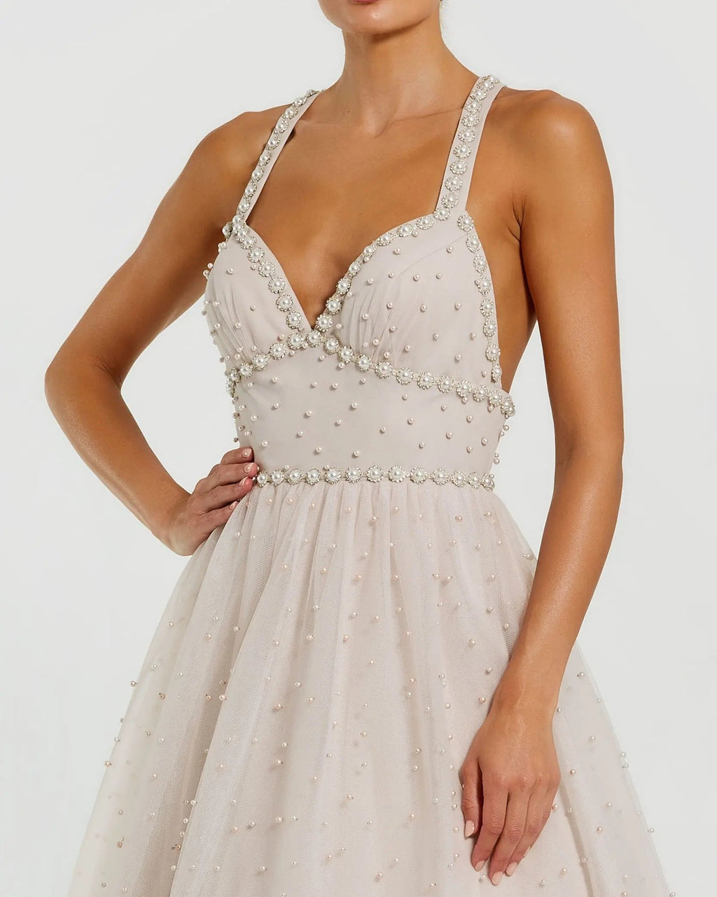 Porcelain Pearl Beaded High Low Gown