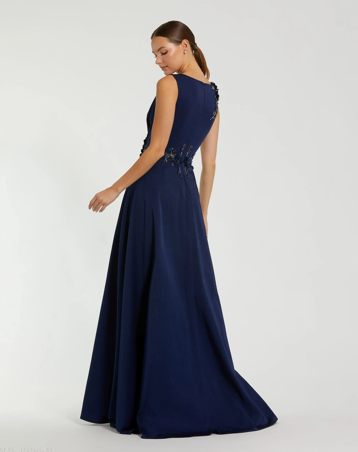Midnight Floral Applique Sleeveless A-Line Gown