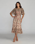 Antique Rose Floral Embellished Flutter Sleeve Midi Dress