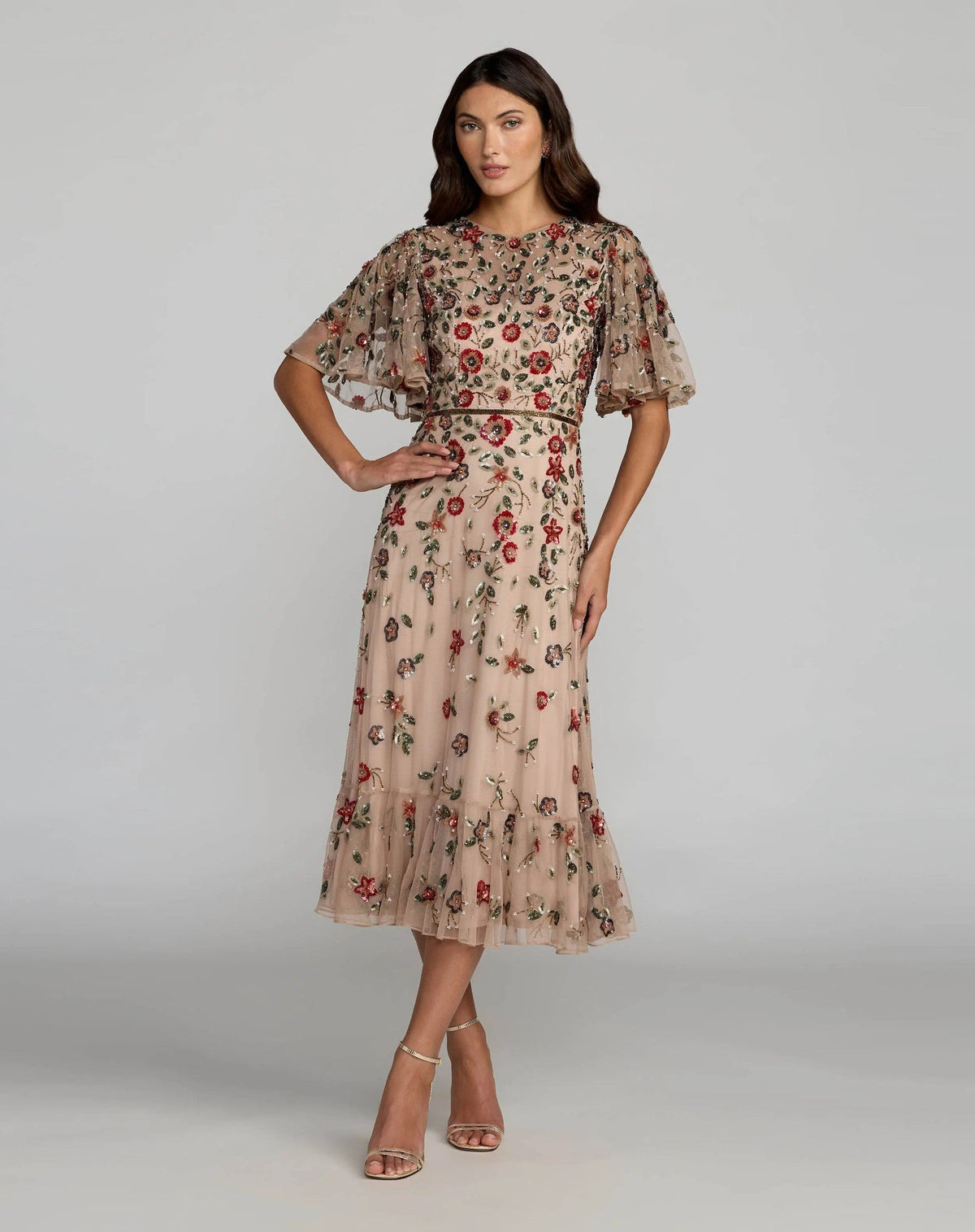 Antique Rose Floral Embellished Flutter Sleeve Midi Dress